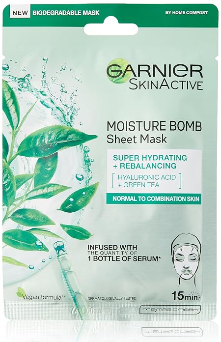 Garnier Moisture Bomb Green Tea Hydrating Face Sheet Mask, Pack of 1