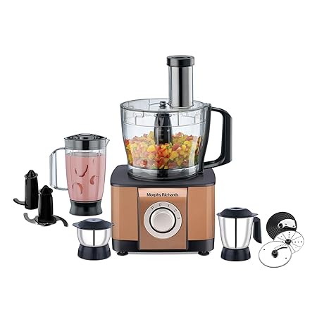 Morphy Richards Icon Superb Food Processor 1000W | 3.2L Bowl | 2 SS Jars + 1 Juicer | 11 Attachments: Kneader, Chopper, Slicer, Shredder, Fry Cutter | Quadra Flow | 2 Year Warranty | 【Glazing Copper】