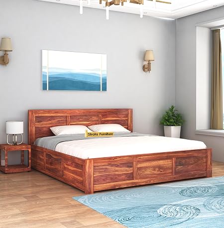 STRATA FURNITURE Sheesham Wood Queen Size Bed with Box Storage Double Cot Wooden Palang for Bedroom Living Room Furniture (Honey Finish)