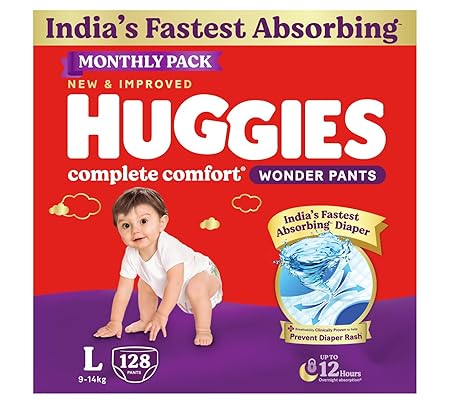 Huggies Complete Comfort Wonder Pants | Pant Style Baby Diapers Large Size (L), 128 Count | India's Fastest Absorbing Di