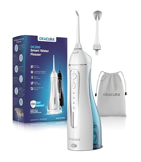 ORACURA® Smart PLUS Water Flosser® OC200 LITE White with 2 Nozzle tips | Portable & Rechargeable | Custom 8 Water Pressu