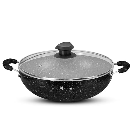 Lifelong Non-Stick Frying Kadai with Glass Lid | 2.5 Litre & 26 cm Induction and Gas Compatible Cookware Kadhai | Scratc