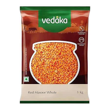 Amazon Brand - Vedaka Unpolished Red Masoor Dal (Whole), 1 Kg, Naturally Cholesterol Free & No Added Additives