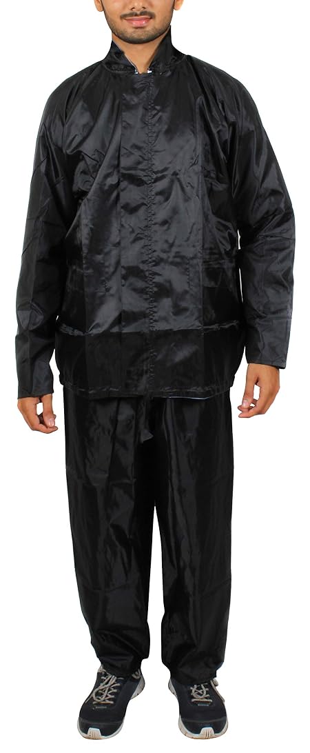Duckback Men's Solid Polyester Rain Coat, Black, Large