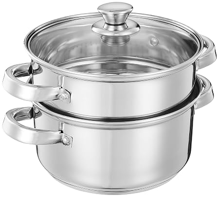 Amazon Brand - Solimo Stainless Steel Steamer with Glass Lid | Induction Base | Modak, Momo Maker | 17 x 22 x 22.4 Cm | 4L | Silver