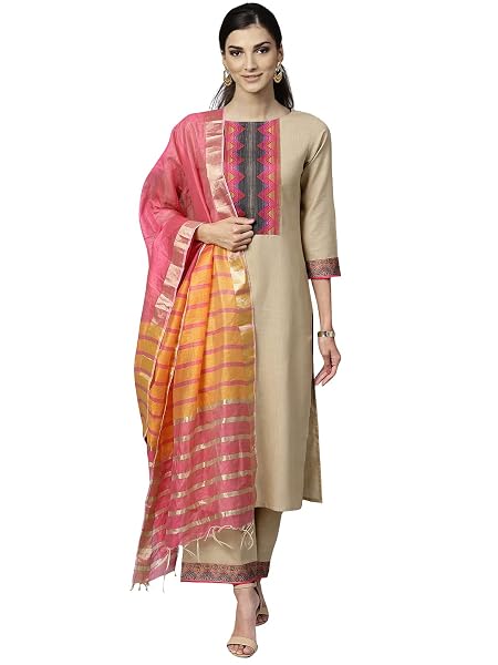 INDO ERA Solid Straight Pure Cotton Kurta with Pant & Dupatta Set for Women Beige