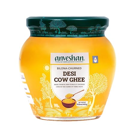 Anveshan A2 Cow Ghee 500ML, Desi Ghee in Glass Jar, Bilona Method, Grass-Fed, Curd-Churned, Cultured Ghee, Keto-Friendly, Lab Tested