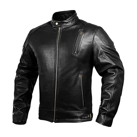 HWK Leather Motorcycle Jacket with Armor for Men, Cafe Racer, Genuine Leather