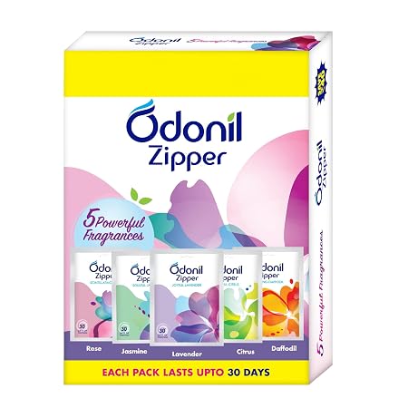 Odonil Bathroom Air Freshener Zipper Mix - 50g (10gx5) | Assorted Pack | Instant & Long Lasting Fragrance | Lasts upto 30 days | Germ Protection | Air Freshener for Bathroom, Toilet, Home & Office