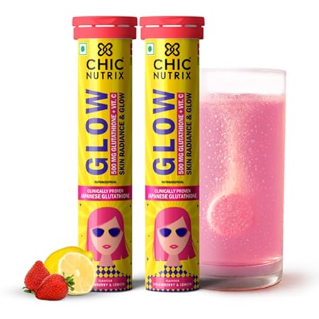 Chicnutrix Glow Glutathione Effervescent Tablets with Vitamin C |Japanese Glutathione 500mg For Radiant, Even-Toned and Glowing Skin | Sugar-Free| Strawberry Lemon Flavour, 20 Tablets (Pack of 2)