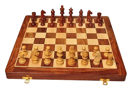 PALM ROYAL HANDICRAFTS 12.5 Inches Wooden Handmade Foldable Magnetic Chess Board Set with Magnetic Pieces and Extra Queens for 2 Players Kids and Adults (12.5 x 12.5 Inches, Brown)