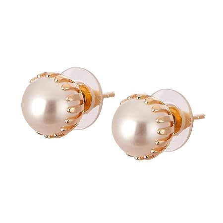 ZENEME Gold-Toned White Pearl Studded Earrings for Women & Girls Classic Pearl Stud Earrings with Crystal AD Detailing Jewellery