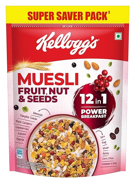 Kellogg's Muesli Fruit Nut & Seeds, 12 In 1 Power Breakfast, No Maida No Palm Oil, India's No 1 Muesli, 750g, Super Saver Pack with Ziplock