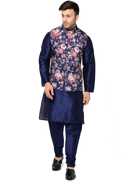 ABH Lifestyle Men's Silk Navy Blue Kurta Set with Pyjama