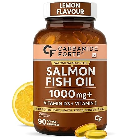 Carbamide Forte Salmon Omega 3 Fish Oil Capsules 1000mg | Salmon Fish Oil Omega 3 Capsule With Vitamin D3 + E For Men & Women | Omega3 Fishoil Supplement For Heart, Joints, Bones & Skin - 90 Softgels