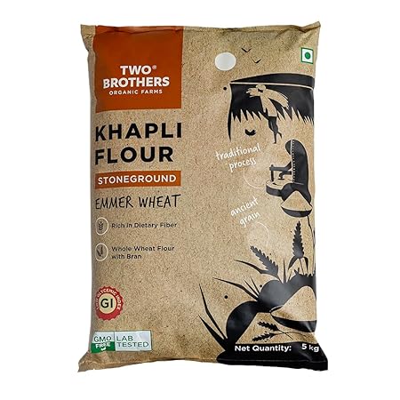 Two Brothers Khapli Wheat Flour (5kg), Low-Gluten Wheat Flour, High Dietary Fiber for Easy Digestion, Stoneground Emmer, Khapli Atta, India's Only Certified Glyphosate Free Atta