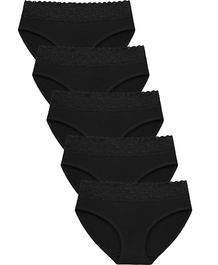 Wealurre Underwear Women Cotton Lace Waisted Bikini Panties 5-Pack, Black Cotton Underwear, Small