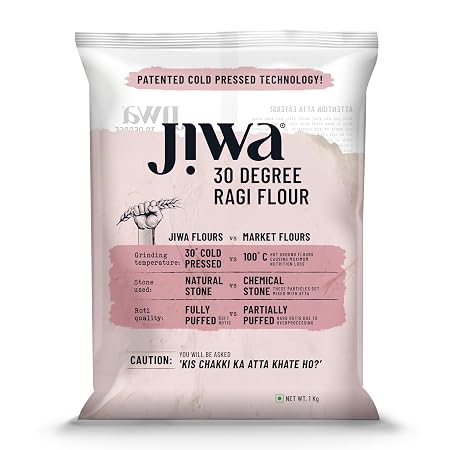 Jiwa 30 Degree Ragi Flour / Atta, 1 Kg, Patented Cold Pressed Flour, Slow Ground, Puffed Soft Rotis, Finger Millet Flour