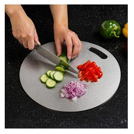 OrganizeMee Stainless Steel Chopping Board (Round, 31cm) - Heavy Duty Metal Cutting Board for Kitchen - Hygienic, Dishwa