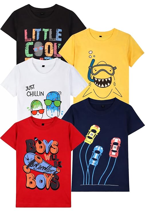 T2F Boys Cotton Regular Fit T-Shirts, Pack of 5