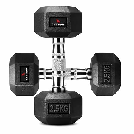Leeway Hex Dumbbells 5kg Pair, Rubber Coated Dumbbell Set