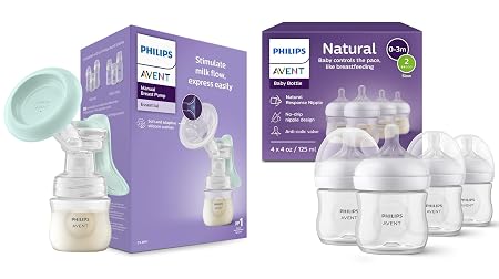 Philips Avent Essential Manual Breast pump SCF417/11, Easy Silicone massage cushion & Ergonomic handle, Soft & Gentle, BPA Free (Pump + 125ml Natural Bottles 4pc)
