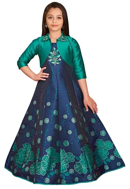 White Button Girls Jacket Style Gown, Designer Embroidered Maxi Dress