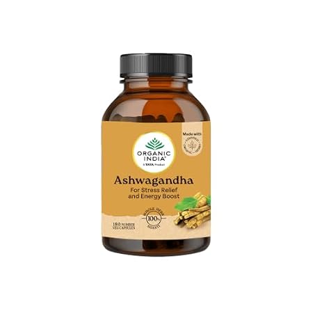 Organic India Ashwagandha Capsules - 180 Veg Caps, Vitality & Relieves Stress, Naturally Boosts Energy & Stamina, Improves Immune System, GMP & NPOP Certified Organic