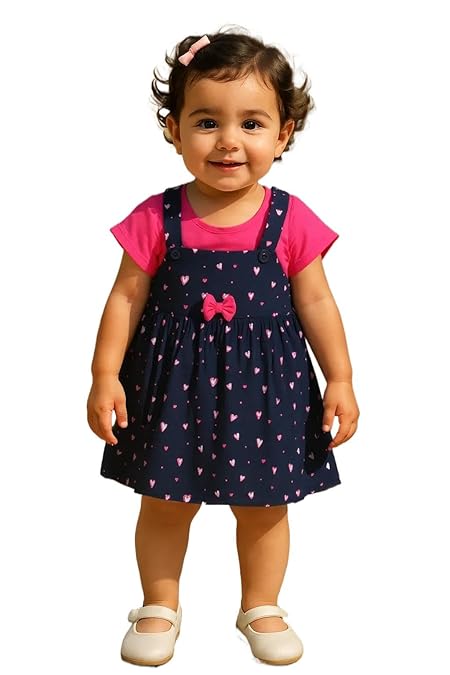 Clothe Funn Baby Girls Cotton Pinafore Dress Knee Length - Cap Sleeve Casual Frock for Newborn and Infant Girls 12-18 Mo