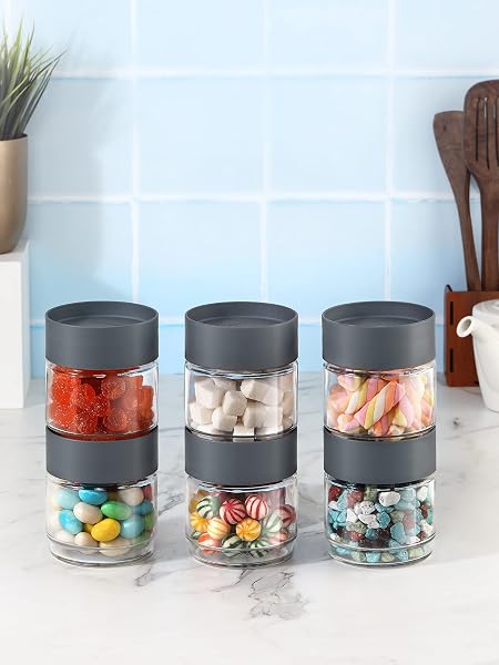 CELLO Modustack Glassy Storage Jars For Kitchen Set of 6 Pcs, 500ml Grey | Freezer & Fridge Safe Airtight Stackable Lead