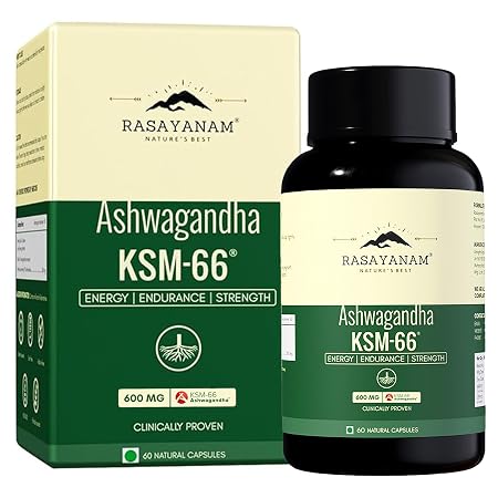 Rasayanam Ashwagandha KSM-66, Clinically Proven 600mg Dosage, 5.1% Withanolides for Max Results, 100% Pure Root Extract, Stress Relief, Energy & Recovery Support, 60 Capsules
