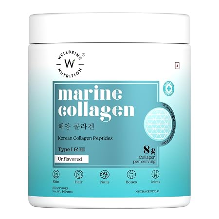 WELLBEING NUTRITION Pure Korean Marine Collagen Supplements for Women & Men, 200g, Hydrolyzed Collagen Powder and Amino Acids, Supports Healthy Skin, Hair, Nails, Bone & Joint, Unflavored, 25 servings