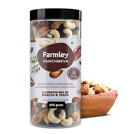 Farmley Panchmeva Dry Fruits Mix, 425g, Fit for Fasting, Healthy Snacks Mixed Nuts Contains Almonds, Cashews, Dates, Black Raisin, Green Raisin