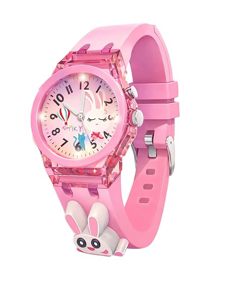 SPIKY Analog 3D Rabbit Cartoon Watch For Kids (Pink), 7 Multicolor LED Luminous Lights with Radium Unbreakable Silicone 