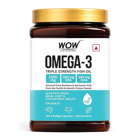 WOW Life Science Omega-3 Fish Oil 1300 mg Triple Strength - 550mg EPA & 350mg DHA for Joints, Heart & Brain Health - 180 Capsules
