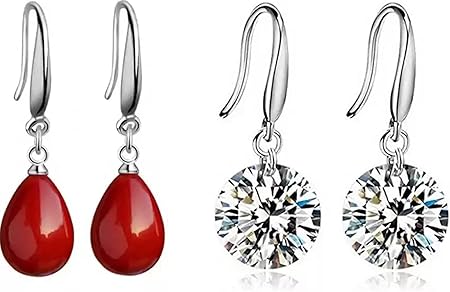 Nilu's Collection Red Pearl Drop Earrings, Silver Plated Round Pearl Dangle and Drop Earrings for Girls/Women (Pack of 2)