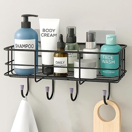 Plantex Bathroom Organiser Without Drill/GI Steel Self Adhesive Bathroom Shelf/Bathroom Stand for Wall/Bathroom Accessories Set Pack of 1 (Black, CED Powder Coated)