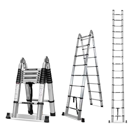 Corvids Portable and Compact 22 feet A Type Aluminium Telescopic Ladder with 16 Steps | 2-Year Warranty | for Household 