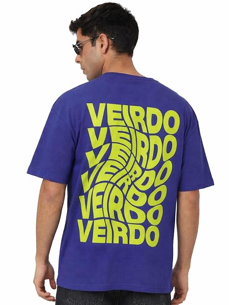 Veirdo Blue Oversized Cotton Graphic Print Purple Crew Neck T-Shirt with Back Print for Men