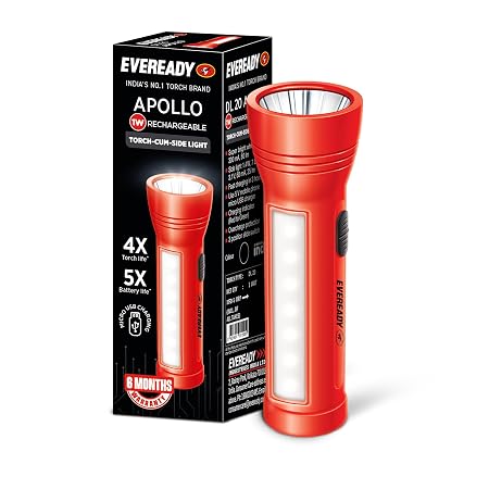 Eveready Apollo DL20, Rechargeable 1W Led Torch Cum 1.4W Emergency Sidelight/Face Light, Type-B/Micro USB Fast Charging, Overcharge & Deep Discharge Protection, Powered By Li-Ion Battery