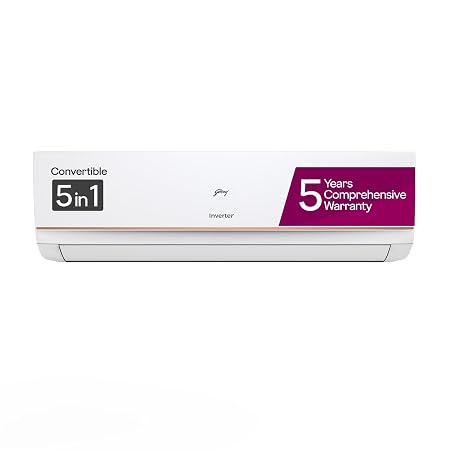 Godrej 1 Ton 3 Star, 5 Years Comprehensive Warranty, 5-In-1 Convertible Cooling, Inverter Split AC (Copper, I-Sense Technology, White)