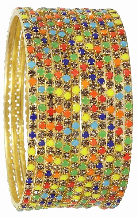 ZULKA Non-Precious Metal with Base Metal and Zircon Gemstone Studded Premium and Traditional Glossy Finished Sleek Bangle set for Women and Girls,(G-Multi_2.6Inches), Pack Of 12 Bangles