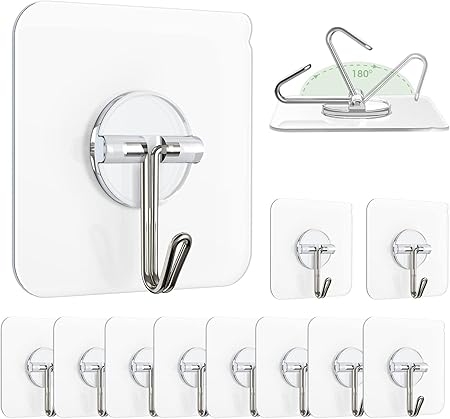 Zulaxy Hanging Hooks Without Drilling, 10 Pack Self Adhesive Hooks for Wall Heavy Duty Strong Nail Free, Kitchen Accessories Items (Hanging Hook, Transparent) Stainless Steel