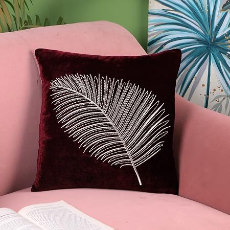 Decoghar | Wine Handmade Sofa Cushion Cover | Golden Zari Leaf Embroidered Square Throw Pillow Cushion Cover for Room Decor | 16x16 Inch (40x40 cm) | Set of 1