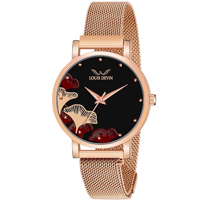 LOUIS DEVIN Rose Gold Plated Mesh Chain Analog Wrist Watch
