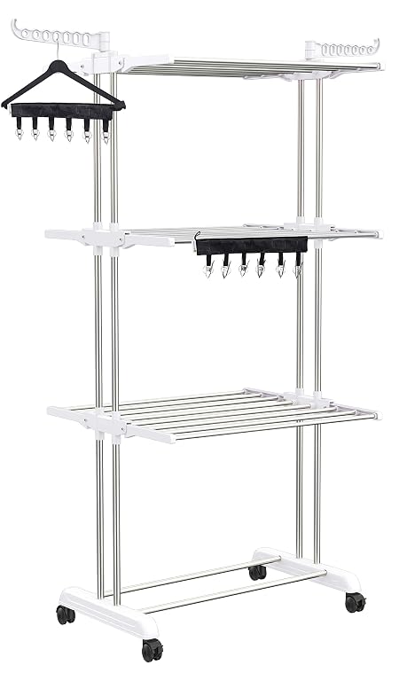 Synergy - Premium Heavy Duty Stainless Steel Clothes Drying Stand with EZEE Clipper for Hanging Undergarments, Socks, Baby Clothes (3-Tier) White - SY-CS21-COMBO