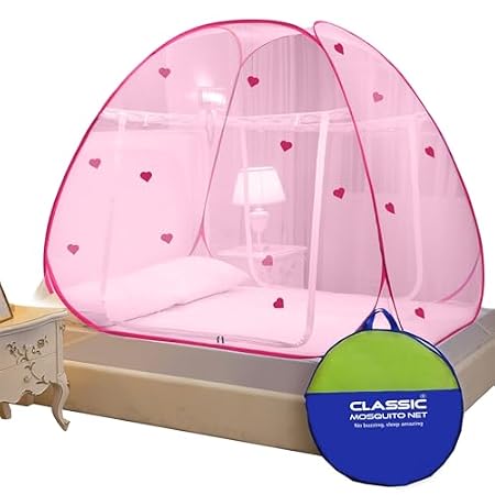 Classic Mosquito Net for King Size Bed Heart Design | 30 GSM Polyester Fine Mesh | Foldable Pop Up Machardani for Double