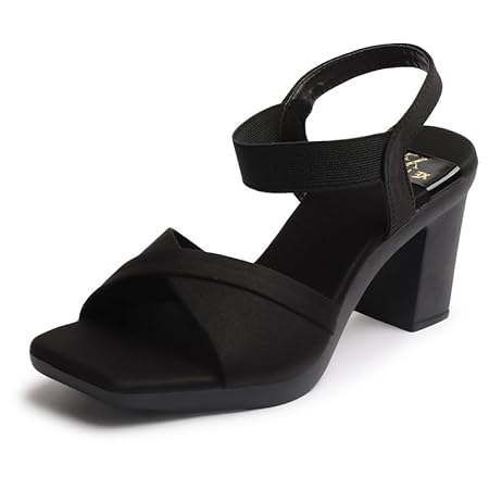 XE Looks Women's Black Elegant Heels | Block Heel Sandals with Stretchable Straps | Lightweight & Durable | Comfortable 