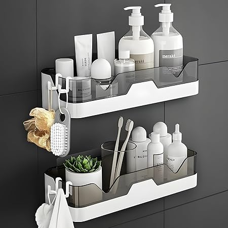 House of VIPA Wall Mounted Bathroom Shelf Organizer | 2 Tier Plastic Bathroom Rack with 4 Hooks | No Drill Adhesive Bathroom Accessories for Shampoo, Soap & Toiletries