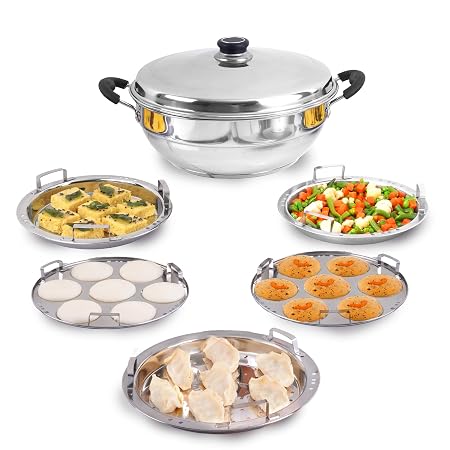 The Indus Valley Stainless Steel Idli Maker/Momo Maker/Multi Kadai/Steamer Set|Large, 5 Plates, 2 Idli|2 Dhokla|1 Steamer|29Cm/11.3 Inch, 4.2Ltr, 2.5Kg|3-Layer Thick Bottom|Induction Friendly
